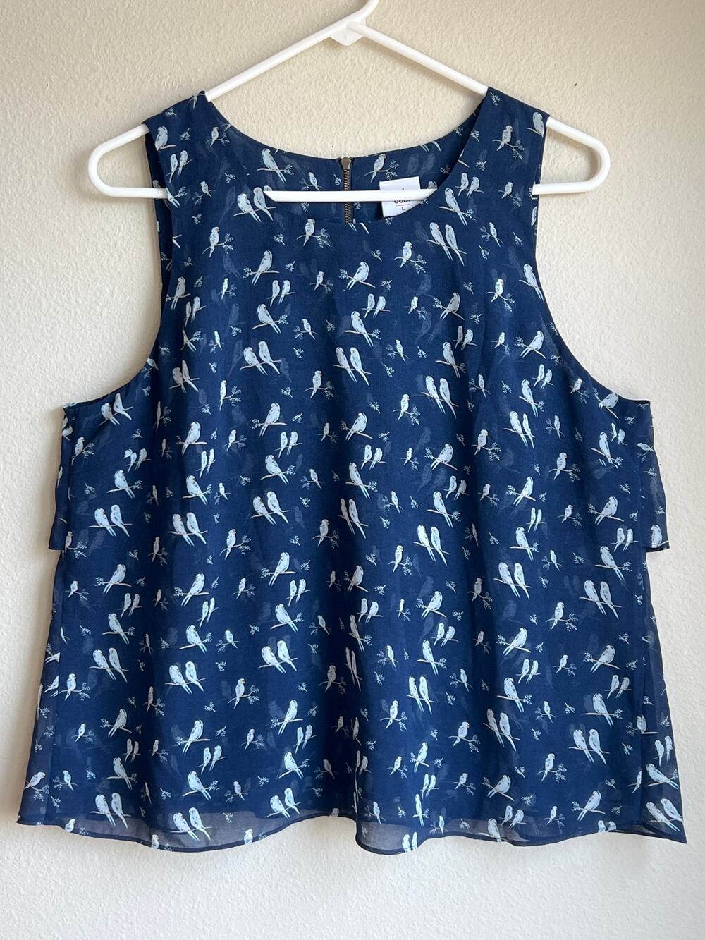Cabi Chirp Blouse Navy Blue Parakeet Bird Print Layered Back Zip Tank Top Large